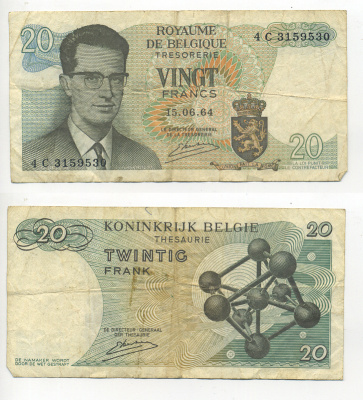 Бельгия 20 франков 1964 Бодуэн I, атомиум, Kestens Pick 138 (3) бумага 6280-14-3-1