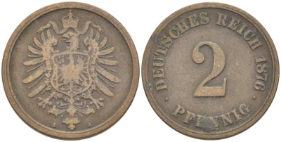 ГЕРМАНИЯ 2 ПФЕННИГА 1876 A, СТАРОГЕРБОВКА KM 2, J. 2, Weege 3 медь 212-712