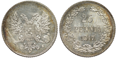 Россия для Финляндии 25 пенни 1917 S, временное правительство, без короны KM 19, Биткин 2 серебро 75-1457