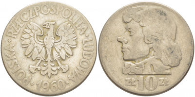 ПОЛЬША 10 ЗЛОТЫХ 1960 КОСТЮШКО KM 50 медно-никель 4403-534