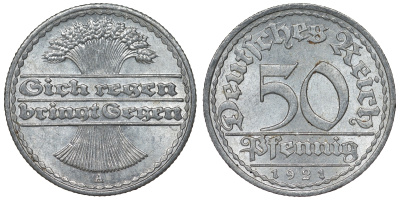 Германия 50 пфеннигов 1921 A KM 27, J. 301, Weege 10 алюминий 4121-1136