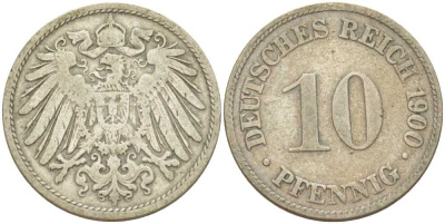 Германия 10 пфеннигов 1900 D KM 12, J. 13, Weege 8 медно-никель 259-814
