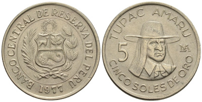 Перу 5 солей 1977 Тупак Амару KM 267, Schoen 67 медно-никель UNC 4514-624