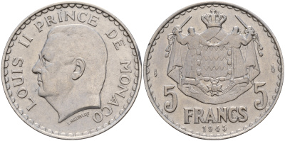 Монако 5 франков 1945 Луи II (1922-1949) KM 122 алюминий    4599-426
