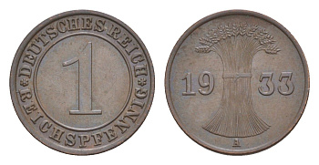 Германия 1 рейхспфенниг 1933 A KM 37, J. 313 бронза 4644-1046