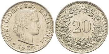 ШВЕЙЦАРИЯ 20 РАППЕНОВ 1950 В KM 29а медно-никель 4511-914