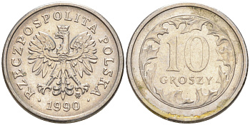 ПОЛЬША 10 ГРОШЕЙ 1990 MW KM 279 медно-никель UNC 187-919