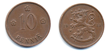 Финляндия 10 пенни 1938 KM 24 медь 51-5653