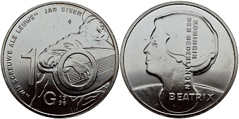 Нидерланды 10 гульденов 1996 Ян Стен, автопортрет с лютней, королева Беатрикс KM 223 серебро 1524-922