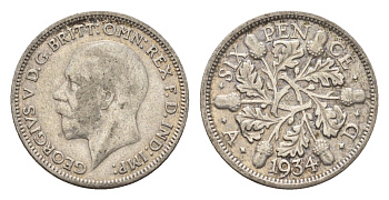 Великобритания 6 пенсов 1934 Георг V (1910-1936) KM 832, Spink 4040 серебро 4644-956