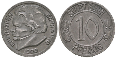 Бонн 10 пфеннигов 1920 Бетховен, Северный Рейн-Вестфалия, нотгельд Funck 51.1A, Men05 3220.1, Men18 4134.1 железо 84-354