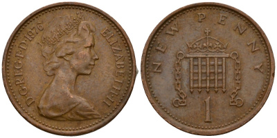 Великобритания 1 пенни 1976 Елизавета II (1952-2022) KM 915, Spink 4237 (B1) бронза 4602-112