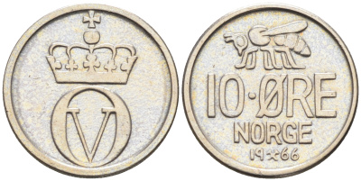 Норвегия 10 эре 1966 Улаф V (1957-1991) КМ 411 медно-никель    4169-325