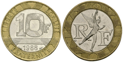 Франция 10 франков 1988 тип гений Бастилии KM 964.1, Le Franc 375.2 биметалл 4135-527