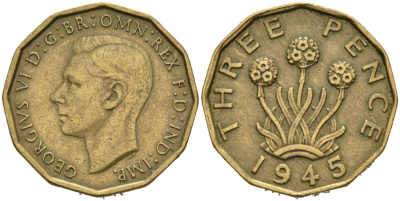 Великобритания 3 пенса 1945 Георг VI (1937-1952) KM 849, Spink 4112 никель латунь 4561-1011