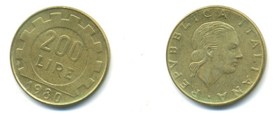 Италия 200 лир 1980 R, шестерня KM 105 алюминиевая бронза 4379-417