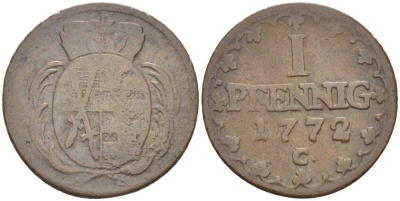 САКСОНИЯ 1 ПФЕННИГ 1772 С, ФРИДРИХ АВГУСТ III (1763-1806) KM 1000 (С91) медь 206-353