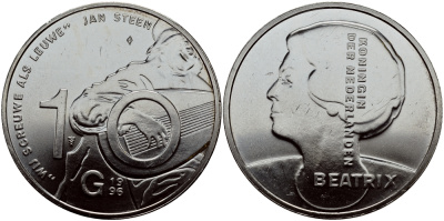 Нидерланды 10 гульденов 1996 Ян Стен, автопортрет с лютней, королева Беатрикс KM 223 серебро 1524-922