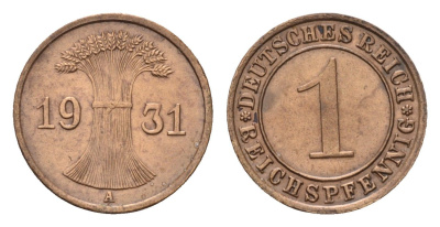 Германия 1 рейхспфенниг 1931 A KM 37, J. 313 бронза 4630-1035