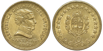 Уругвай 10 песо 1965 KM 48 алюминиевая бронза 69-313
