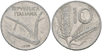 Италия 10 лир 1955 R, плуг, колосья KM 93 алюминий 4571-516