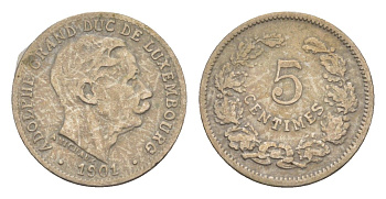 Люксембург 5 сантимов 1901 герцог Адольф (1890-1905), год-тип KM 24 медно-никель 4659-414
