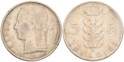БЕЛЬГИЯ 5 ФРАНКОВ 1966 BELGIE KM 135.1 медно-никель 4556-422