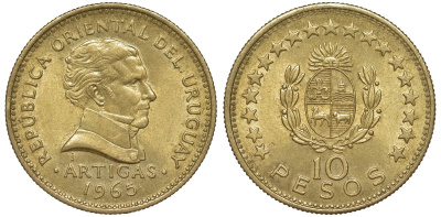 Уругвай 10 песо 1965 KM 48 алюминиевая бронза 69-313