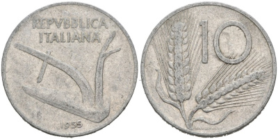 Италия 10 лир 1955 R, плуг, колосья KM 93 алюминий 4571-516