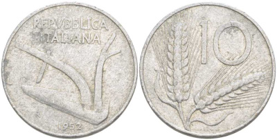 ИТАЛИЯ 10 ЛИР 1952 R, ПЛУГ, КОЛОСЬЯ KM 93 алюминий 175-335