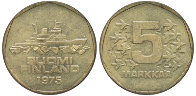 ФИНЛЯНДИЯ 5 МАРОК 1975 S, КОРАБЛЬ KM 53 алюминиевая бронза 3334-321