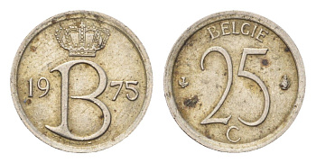 Бельгия 25 сантимов 1975 Belgie, Бодуэн I (1951-1993) KM 154 медно-никель 4705-363
