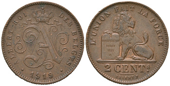 Бельгия 2 сантима 1919 Belges, Альберт I (1909-1934) KM 64 медь aUNC 4618-1112