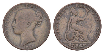 Великобритания 1 фартинг 1840 Виктория (1837-1901) KM 725, Spink 3950 бронза 4658-869