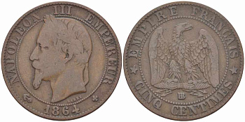 ФРАНЦИЯ 5 САНТИМОВ 1864 BB, НАПОЛЕОН III (1852-1870) KM 797.2, LE FRANC 117.12 бронза 108-552