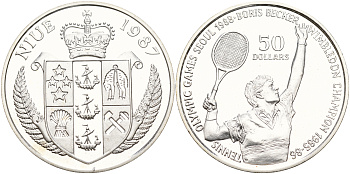 Ниуэ 50 долларов 1987 Олимпийские игры 1988 года в Сеуле 1988, Борис Беккер, теннис KM 2 серебро PROOF 06-236-12