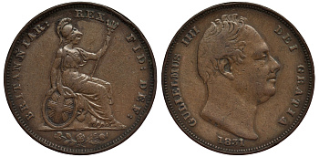 Великобритания 1 фартинг 1831 Вильгельм IV (1830-1837) KM 705, Spink 3848 медь 1523-911