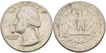 США 25 центов (квотер) 1966 Вашингтон KM 164а медь плакированная медно-никелем 216-1052