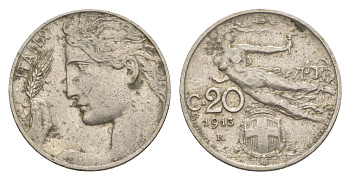 Италия 20 чентезимо 1913 R, Виктор Эммануил III (1900-1946) KM 44 никель 4617-716