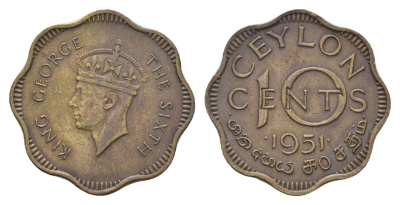 Цейлон 10 центов 1951 Георг VI (1936-1952), год-тип KM 121 никель латунь 4516-745