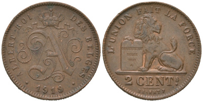 Бельгия 2 сантима 1919 Belges, Альберт I (1909-1934) KM 64 медь aUNC 4618-1112