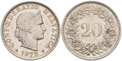 ШВЕЙЦАРИЯ 20 РАППЕНОВ 1978 KM 29a медно-никель 55-955