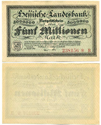 ДАРМШТАДТ, ГЕРМАНИЯ 5000000 МАРОК (5 МИЛЛИОНОВ МАРОК) 1923 22 АВГУСТА 1923, НОТГЕЛЬД, ЗЕМЛЯ ГЕССЕН, НОМЕР, СНЕЖИНКА, СЕРИЯ B, HESSESCHE LANDESBANK Keller 956b бумага аUNC 8613-24-2-1