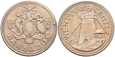 Барбадос 25 центов 1973 ветряная мельница Моргана Льюиса KM 13 медно-никель 4575-1157