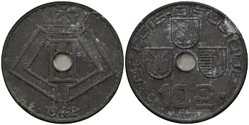 Бельгия 10 сантимов 1942 Belgie - Belgique, Леопольд III (1934-1947), германская оккупация, Вторая мировая война KM 126 цинк 4161-331