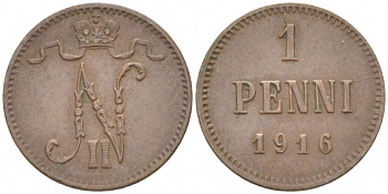 РОССИЯ ДЛЯ ФИНЛЯНДИИ 1 ПЕННИ 1916 НИКОЛАЙ II (1895-1917) KM 13, Биткин 476 медь 211-1038