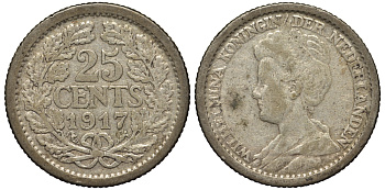 Нидерланды 25 центов 1917 Вильгельмина (1890-1948) KM 146 серебро 443-532