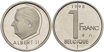 БЕЛЬГИЯ 1 ФРАНК 1995 BELGIQUE, АЛЬБЕРТ II (1993-) KM 187 железо плакированное никелем 206-232