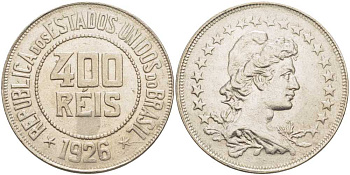 БРАЗИЛИЯ 400 РЕЙС 1926 ГОЛОВА СВОБОДЫ ВПРАВО KM 520 медно-никель 3457-143