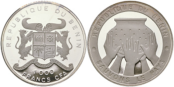 Бенин 1000 франков 1992 спасите страну, пять рук держат сосуд KM 1 серебро  PROOF  11-143-22